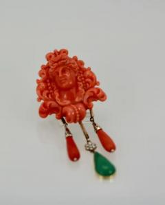 Carved Coral Brooch Pendant W Coral Drops and Crystophase Drop - 3451522
