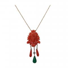 Carved Coral Brooch Pendant W Coral Drops and Crystophase Drop - 3517683