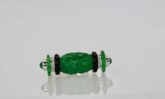Carved Green Jade Black Onyx Cabochon Emerald Ring - 3458847