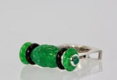 Carved Green Jade Black Onyx Cabochon Emerald Ring - 3458851