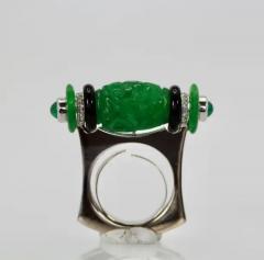 Carved Green Jade Black Onyx Cabochon Emerald Ring - 3458857