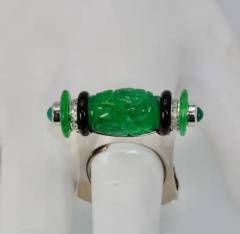 Carved Green Jade Black Onyx Cabochon Emerald Ring - 3458900