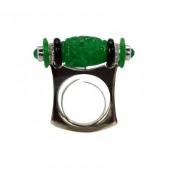 Carved Green Jade Black Onyx Cabochon Emerald Ring - 3572097