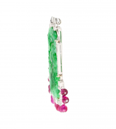 Carved Jadeite Jade Diamond Pin and Synthetic Dangling Ruby Bead Platinum Pin - 3640837