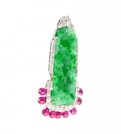 Carved Jadeite Jade Diamond Pin and Synthetic Dangling Ruby Bead Platinum Pin - 3640841