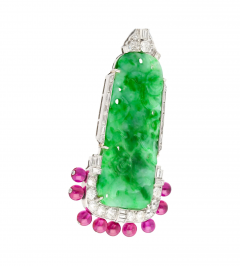 Carved Jadeite Jade Diamond Pin and Synthetic Dangling Ruby Bead Platinum Pin - 3640844