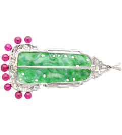 Carved Jadeite Jade Diamond Pin and Synthetic Dangling Ruby Bead Platinum Pin - 3640845