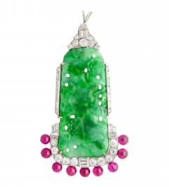 Carved Jadeite Jade Diamond Pin and Synthetic Dangling Ruby Bead Platinum Pin - 3640847