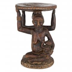 Carved Luba caryatid stool with human figures Democratic Republic of Congo - 4584942