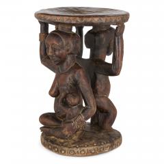Carved Luba caryatid stool with human figures Democratic Republic of Congo - 4585040