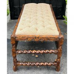 Carved Spanish Colonial Bench W Clarence House Cheetah Tufted Fabric - 3146384