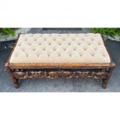 Carved Spanish Colonial Bench W Clarence House Cheetah Tufted Fabric - 3146391