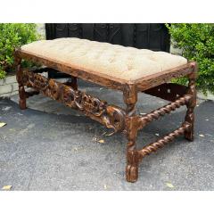 Carved Spanish Colonial Bench W Clarence House Cheetah Tufted Fabric - 3146419