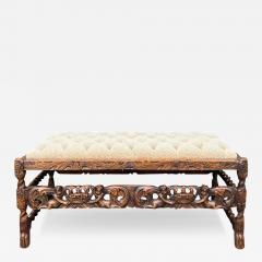 Carved Spanish Colonial Bench W Clarence House Cheetah Tufted Fabric - 3150051
