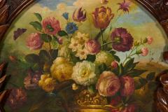 Carved Wooden Wall Plaque with Painted Floral Still Life Center - 4409054