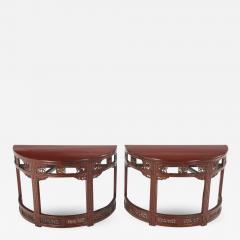 Carved demi lune Chinese console tables in red C 1880  - 3371589