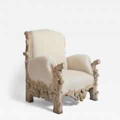 Carved limed oak fruits and foliage armchair 1970s  - 4689391