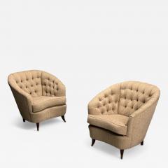 Casa E Giardino Gio Ponti Italian Mid Century Modern Tufted Lounge Chairs Beige Linen 1950s - 3874022