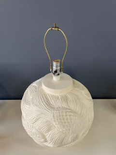Ceramic Incised Bulbous Table Lamp with Japanese Swimming Fish Motif Mid Century - 2556084