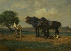 Charles Emile Jacque Preparing the Plow French Antique Barbizon Painting by Charles Emile Jacque - 1125690