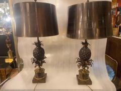 Charles Fils 1950 70 Pair of Bronze Pineapple Lamps or Similar Brass Shade Signed Charles - 2646599