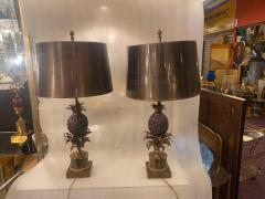 Charles Fils 1950 70 Pair of Bronze Pineapple Lamps or Similar Brass Shade Signed Charles - 2646606