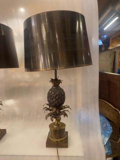 Charles Fils 1950 70 Pair of Bronze Pineapple Lamps or Similar Brass Shade Signed Charles - 2646613