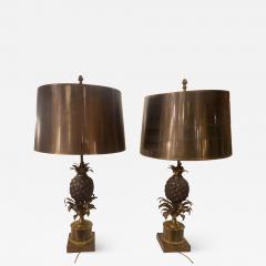 Charles Fils 1950 70 Pair of Bronze Pineapple Lamps or Similar Brass Shade Signed Charles - 2667481