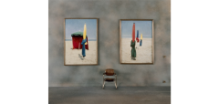 Charles Matton Museum Exhibit an Armchair Under Two Paintings of Beach Tents in Deauville - 2938249
