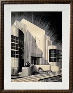 Charles Perry Weimer Art Deco Couple In Front of Black and White Art Deco Architecture - 3055499