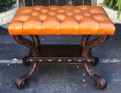 Charles Pollock Carved Italian Walnut Tufted Leather Bench Footstool Ottoman - 1942538