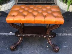 Charles Pollock Carved Italian Walnut Tufted Leather Bench Footstool Ottoman - 1942539