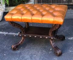 Charles Pollock Carved Italian Walnut Tufted Leather Bench Footstool Ottoman - 1942541