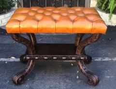 Charles Pollock Carved Italian Walnut Tufted Leather Bench Footstool Ottoman - 1942544