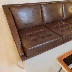 Charles Ramos Mid Century Modern Brown Leather Sofa with Tapered Gilt Metal Legs by C Ramos - 1862461