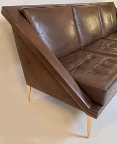 Charles Ramos Mid Century Modern Brown Leather Sofa with Tapered Gilt Metal Legs by C Ramos - 1862475