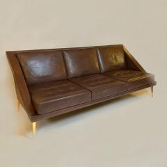 Charles Ramos Mid Century Modern Brown Leather Sofa with Tapered Gilt Metal Legs by C Ramos - 1862481