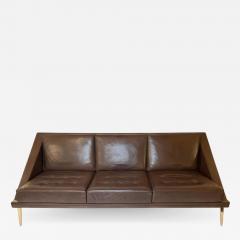 Charles Ramos Mid Century Modern Brown Leather Sofa with Tapered Gilt Metal Legs by C Ramos - 1864117