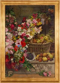 Charles Verlat Very large antique Belgian still life painting of fruits and flowers - 4585021