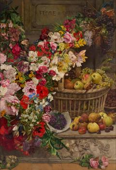 Charles Verlat Very large antique Belgian still life painting of fruits and flowers - 4585023