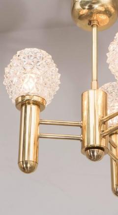 Chic Mid Century Modernist Three Arm Brass Chandelier with Faceted Globes - 1461241