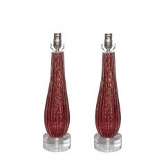 Chic Pair of Ruby Red Murano Rigadin Glass Lamps - 3222351