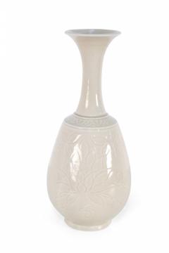 Chinese Beige Carved Floral Pattern Porcelain Vase - 4520307