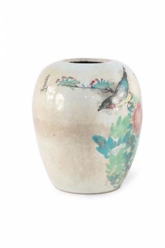 Chinese Beige and Green Botanical Motif Rounded Porcelain Vase - 4673137