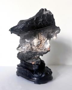 Chinese Black Lingbi Scholar Stone with White Crystal on Display Stand - 4131479