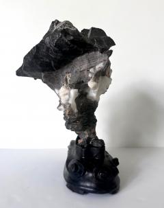 Chinese Black Lingbi Scholar Stone with White Crystal on Display Stand - 4131480