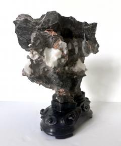 Chinese Black Lingbi Scholar Stone with White Crystal on Display Stand - 4131481