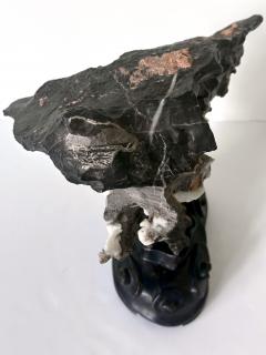 Chinese Black Lingbi Scholar Stone with White Crystal on Display Stand - 4131485