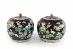 Chinese Black Nature Scene Motif Lidded Vases - 4520407