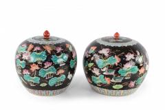 Chinese Black Nature Scene Motif Lidded Vases - 4520409
